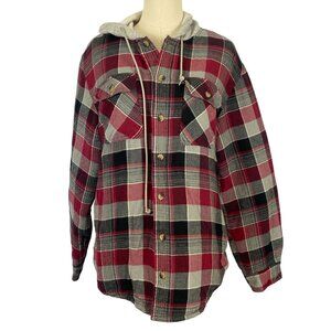 Vintage Y2K Wrangler M Red Grey Plaid Hooded Button Up Quilted Lined Shacket Jac